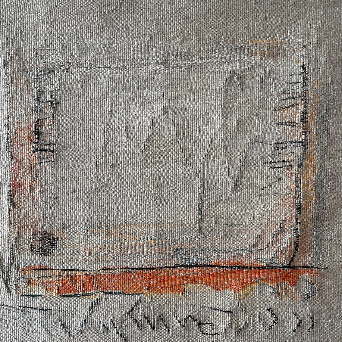 Leinentapisserie II: Leinen mit orangem Grund, 60 x 59 cm,</br>Leinen und Wolle, Baumwollkette 3 F/cm